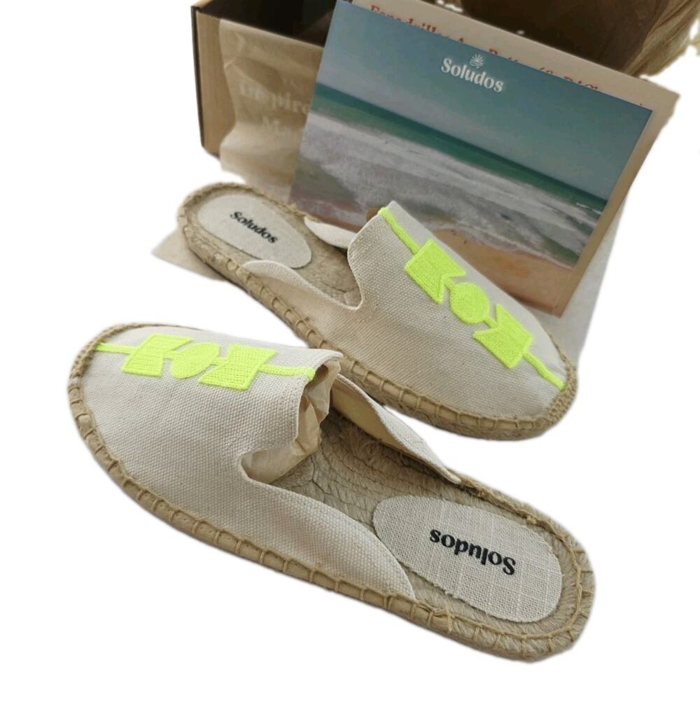New! Soludos The Smoking Mule Espadrille Womens 7/7.5 Cream Neon Yellow Slip On - Picture 1 of 5